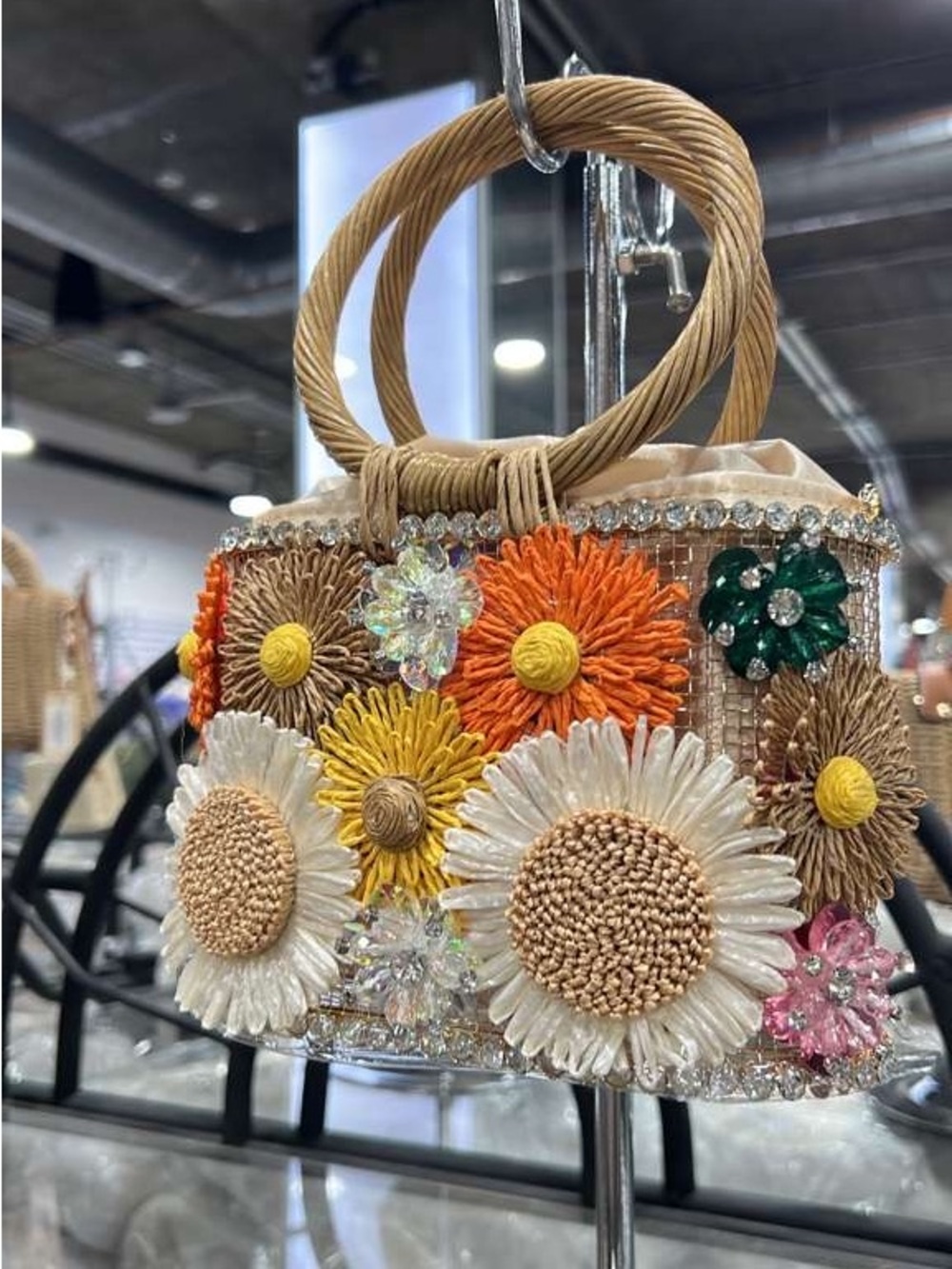 Handcrafted Floral Beaded Straw Tote Bag - Multicolor